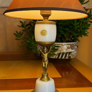 Antique French Milk Glass Table Lamp – Figural Cherub Base – Opalescent Verre de Lait – 1910s–30s – Bronze Accents – Rewired