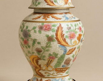 Jarrón chino antiguo con tapa de la Familia Rosa – Porcelana de exportación con decoración floral – ca. 1880-1920