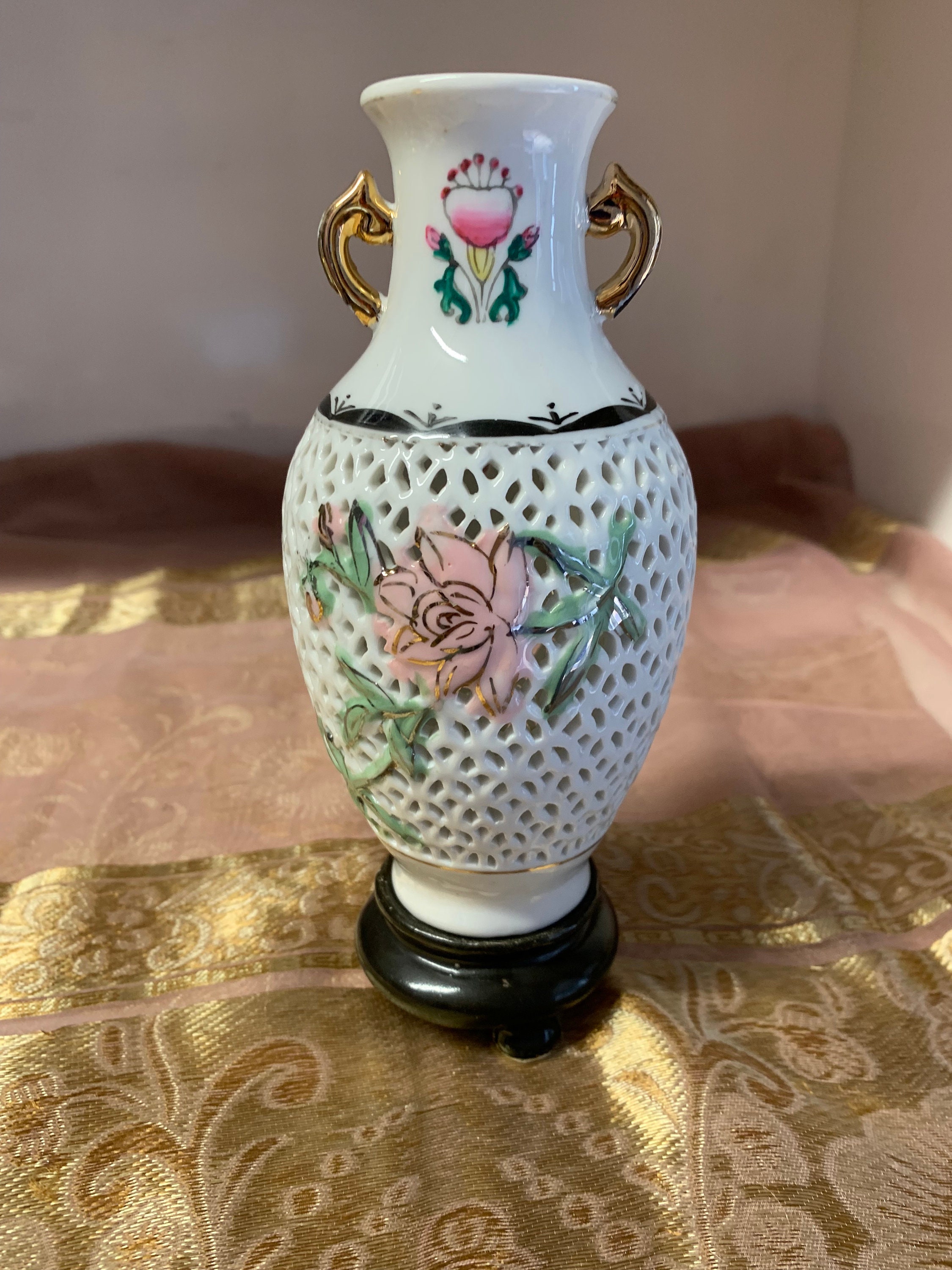 Vase Chinois Antique en Maille Technique Porcelaine Froide 16 cm