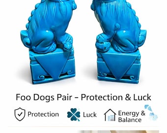 Turquoise Foo Dogs Pair – Chinese Guardian Lions, Feng Shui Ceramic Statues