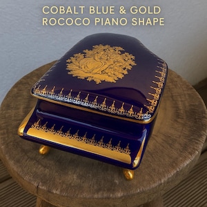 Limoges Porcelain Trinket Box – Cobalt Blue & Gold Rococo Piano Shape – Made in France