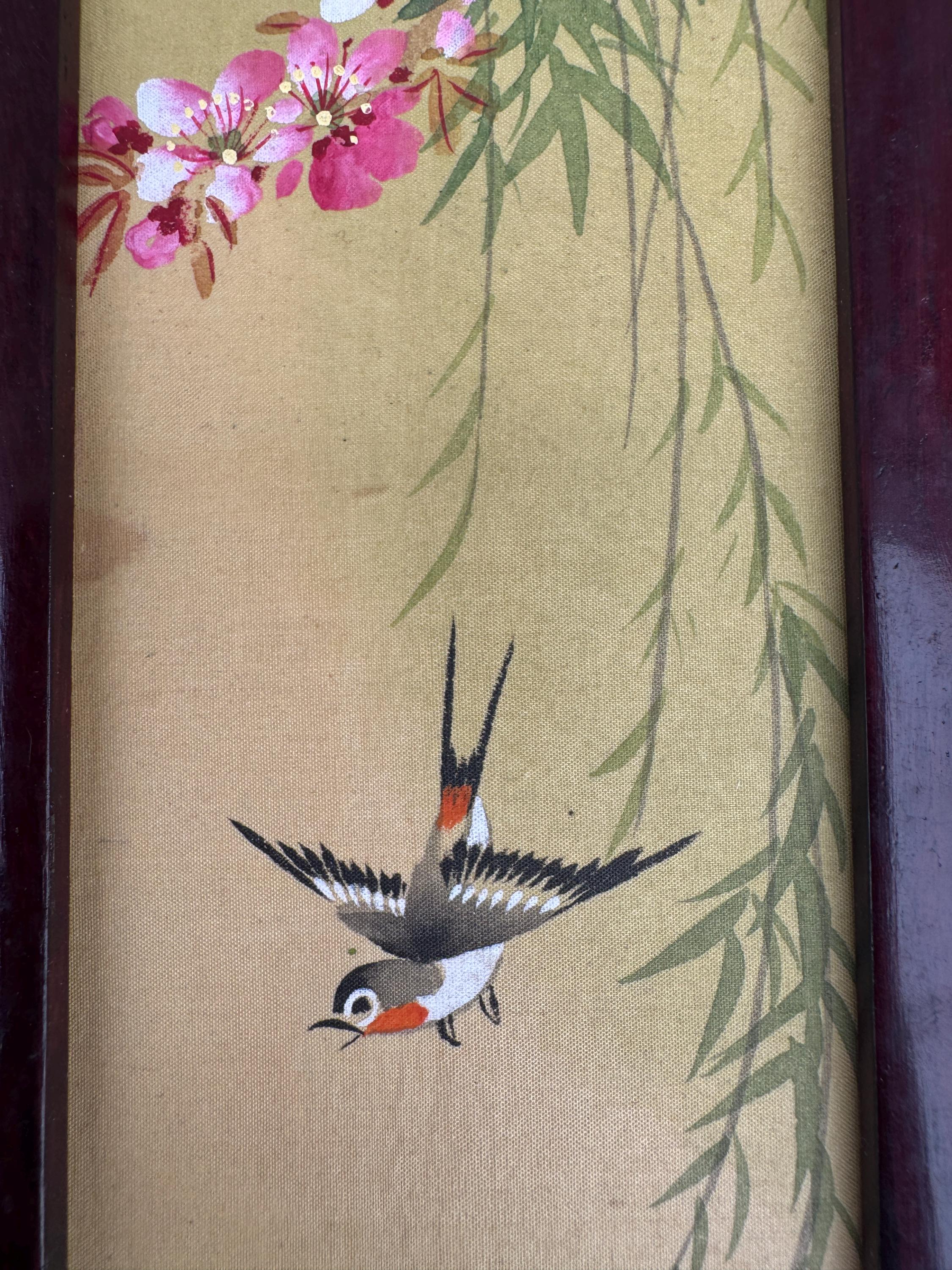 Vintage Chinese Miniature Folding Screen, Hand-painted Birds