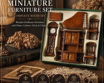 Conjunto de muebles de madera en miniatura vintage para casa de muñecas: piano, mueble, reloj y sillas (21 cm). Conjunto de mini habitación hecho a mano. Juguete de colección para exhibición.