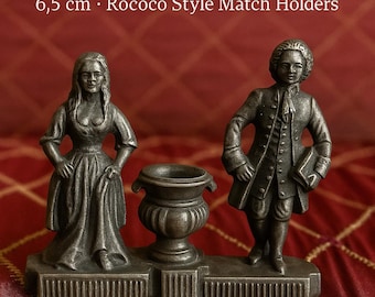 Figuras rococó vintage: caballero y dama de metal con urna, 6,5 cm