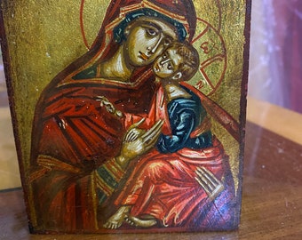 Virgin Mary Orthodox icon hand painted Greece 9.5x11.7cm