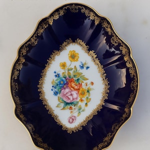 Vintage Limoges Castel France Hand Painted Cobalt Blue Porcelain Bowl – Floral Center – Gold Accents – 27.5×20.5 cm