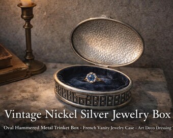 Vintage Hammered Nickel Silver Oval Jewelry Box – Art Deco Vanity Trinket Case