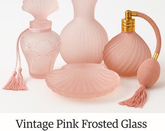 Vintage Pink Frosted Glass Vanity Set – Perfume Bottle, Atomizer, Vase & Shell Dish