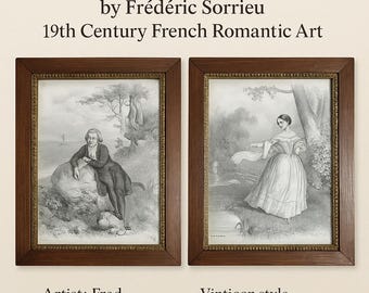 Antique Lithograph Pair by Frédéric Sorrieu – 19th Century French Romantic Art – Lovers in Nature – Lith. Guillet – Framed 20.5×14.5 cm