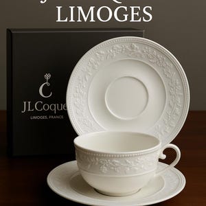 Tasse et soucoupe JL Coquet Limoges Porcelaine blanche avec
