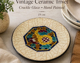 Salvamanteles de cerámica vintage pintado a mano con diseño floral – Plato caliente con esmalte craquelado estilo Longwy