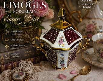 Vintage Limoges Porcelain Sugar Bowl – Hand Painted Floral Gold Decor