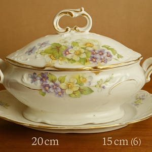 Antique Porcelain Tureen with Lid & Underplate – Hand-Painted Floral Design – 20×15 cm / Soupière ancienne en porcelaine avec couvercle