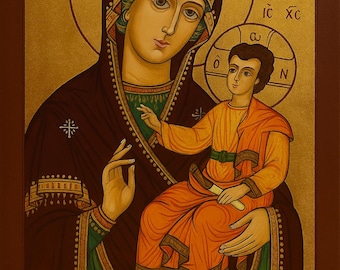 Icono ortodoxo rumano vintage: Virgen María con el Niño, pintado a mano con pan de oro.