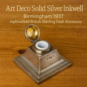 Art Deco Solid Silver Inkwell – Birmingham 1937 – Hallmarked British Sterling Desk Accessory
