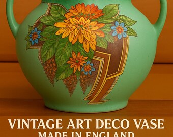 Vintage Art Deco Floral Vase: Green Matte Glaze, Made in England