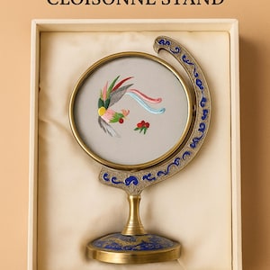 Vintage Chinese Silk Embroidery in Cloisonné Stand – Phoenix & Flowers – Handcrafted – With Original Box