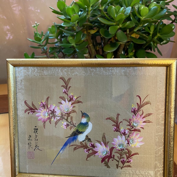 Peinture chinoise sur soie fleurs et oiseaux avec signature années 30 22x17 cm