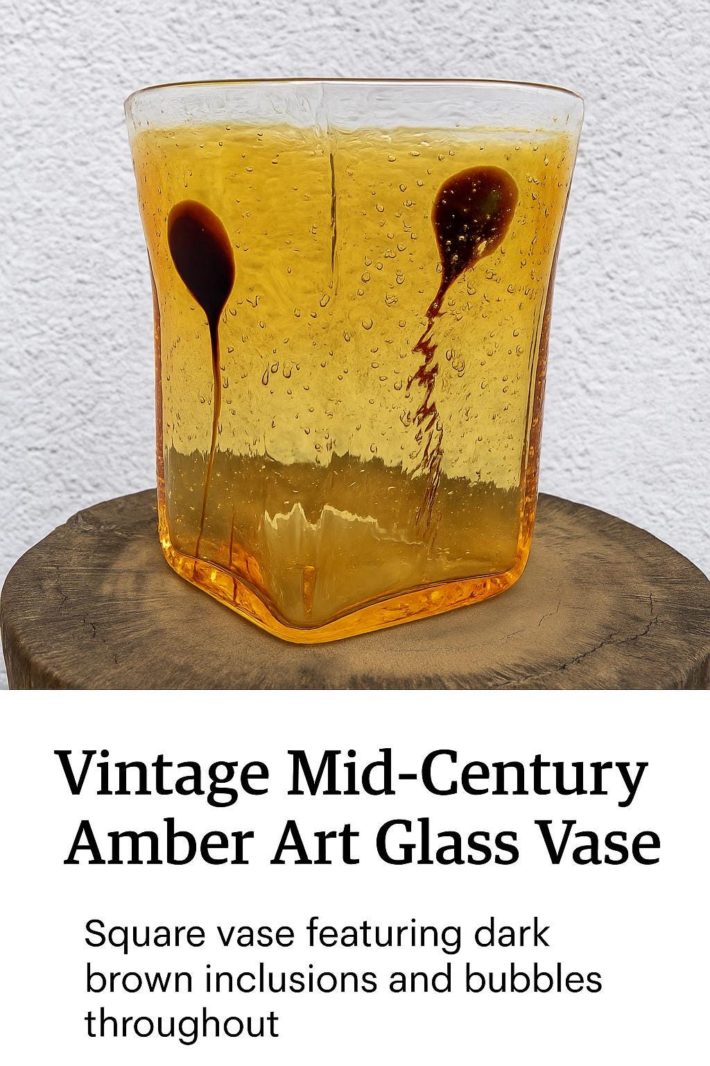 Mid-Century Amber Murano Style Art Glass Vase – Controlled Bubbles & Internal Drops