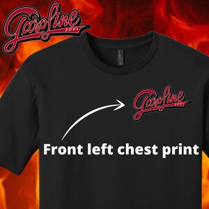 May include: Black t-shirt with a red and black "Gasoline Soul" graphic print on the front left chest.