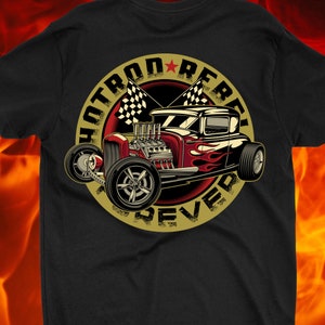 May include: Black t-shirt with a vintage hot rod car graphic. The car is red with flames and has a checkered flag design. The text "Hot Rod Forever" is in a circle around the car.
