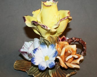 Vintage CAPODIMONTE hand painted porcelain candle holder, made in Italy, ceramic candle holder with flowers, centerpiece, gift for her