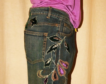 Embroidered Floral Denim Jeans, Women's Beaded Pants, Size XXL