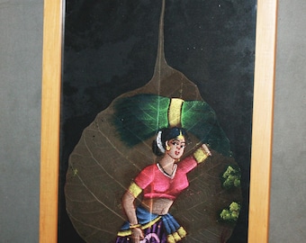 Leaf Painting on frame - vtg Hand-painted Pipal Tree Skeleton Leaf - Indian woman Art - wall decor - Christmas gift - Framed ready to hang