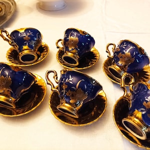 Juego de café de cerámica, azul cobalto/dorado - vajilla - tazas - azucarero - cafetera - regalo para ella - vintage años 90