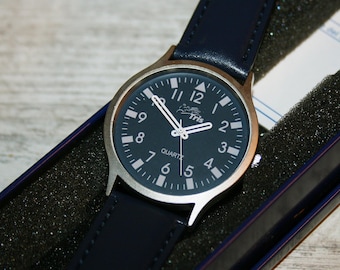 Tris, Reloj de pulsera vintage promocional, esfera azul, correa de piel sintética • regalo para ella • Regalo para él