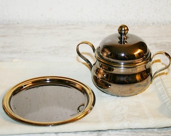 Vintage 80s, Sugar bowl and plate, steel Gold plated, espresso coffee maker, made in ITALY, timeless gift, gift for her