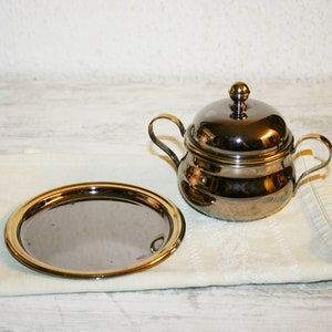 Vintage 80s, Sugar bowl and plate, steel Gold plated, espresso coffee maker, made in ITALY, timeless gift, gift for her