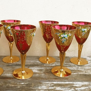 Tre Fuochi Venetian Murano Glass Ruby Red 24K Gold Flowers Wine