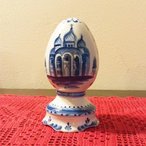 Vintage porcelain egg, white - blue - collectible ceramic - made in USSR, home decor, gift for her