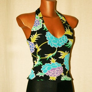 Lurex black Corset top, vintage 90s, turquoise flowers  -Made in Italy- Gift for her -Sequin top corset- fashion- summer clothing