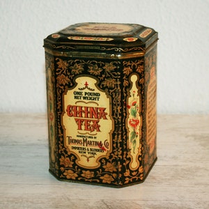 Antique Tea Tin / China Tea by Thomas Martin & Co. / Floral Tin with Hinged Lid/ Made in England/ timeless gift, movie props