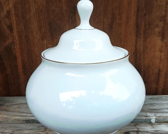 Tarro de galletas vintage de porcelana blanca con detalles dorados, decoración de cocina de los años 90