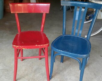 Antique 1950s tavern chair, kitchen chairs -red and cornflower blue color, Wall decoration, home decor