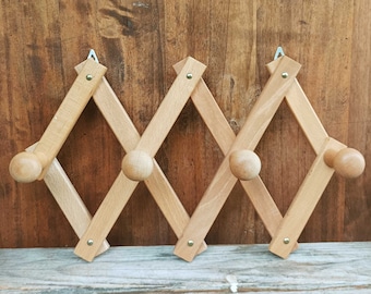 Vintage Wooden Accordion Coat Rack with 4 Pegs - Expandable Wall Mounted Coat Rack - Foldable Wooden Coat Rack with 4 Hooks - Italy 1990s