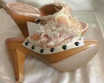 High heel clogs, powder pink, pearls and lace - women's shoes -  gift for her - everyday shoes
