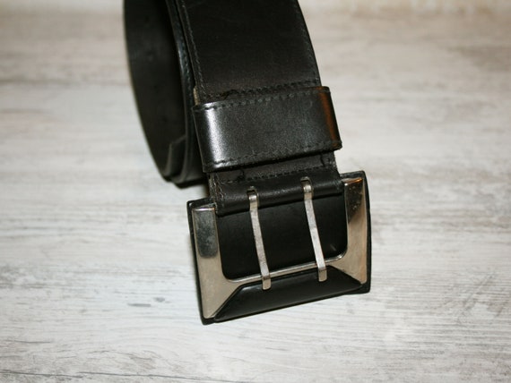 Black Leather belt, 6 cm. tall - silver color Buc… - image 3