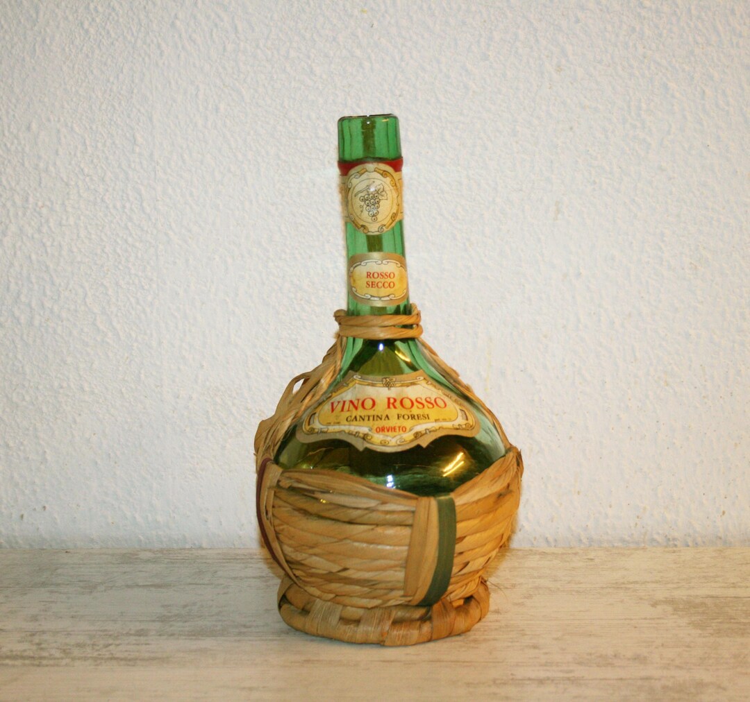 Antique Flask Glass Wine Bottle With Raffia Coating Etsy