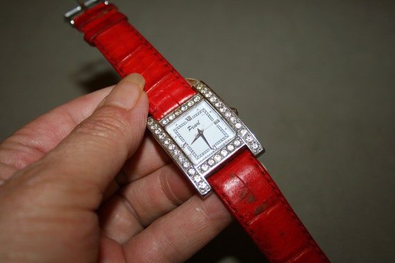 Rectangular watch with rhinestones, red strap, wr… - image 1