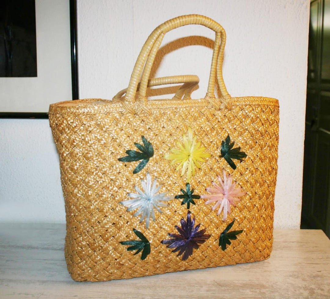 Vintage Straw Hand Bags Summer Raffia Bag With Flowers, Vintage