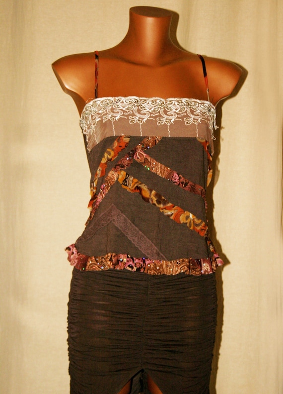 Brown Corset top, vintage 90s, embroidered tulle - Square neckline -Made in Italy- Gift for her -Sequin top corset- fashion- summer clothing