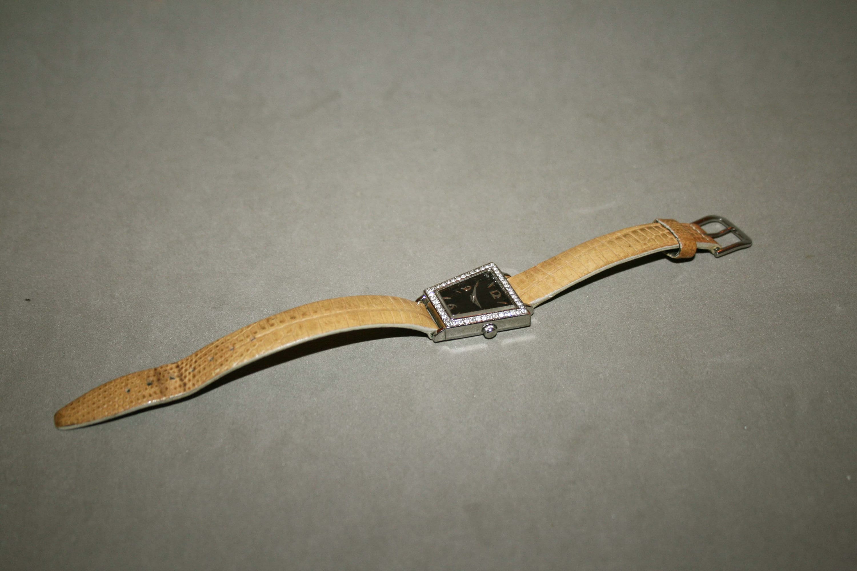 Vintage Watch With Rhinestones, Beige Strap, Wristwatch