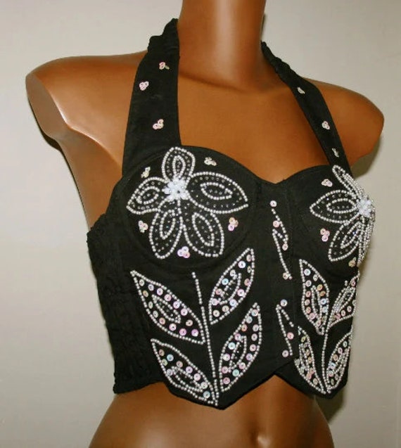 CORSET TOP vintage 85s/black corset /white sequin… - image 2