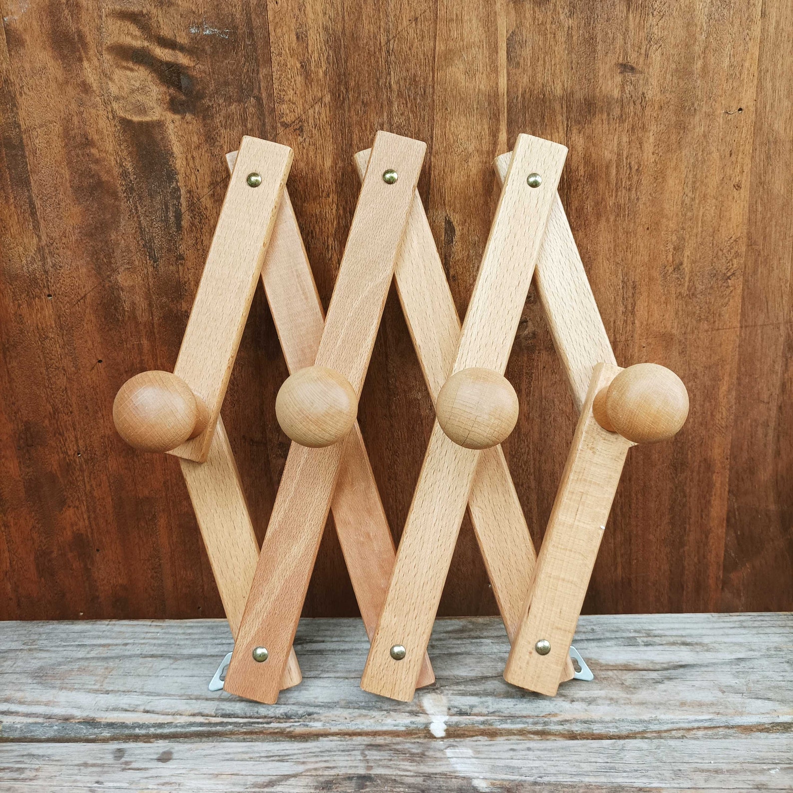 Vintage Wooden Accordion Coat Rack With 4 Pegs - Expandable Wall ...