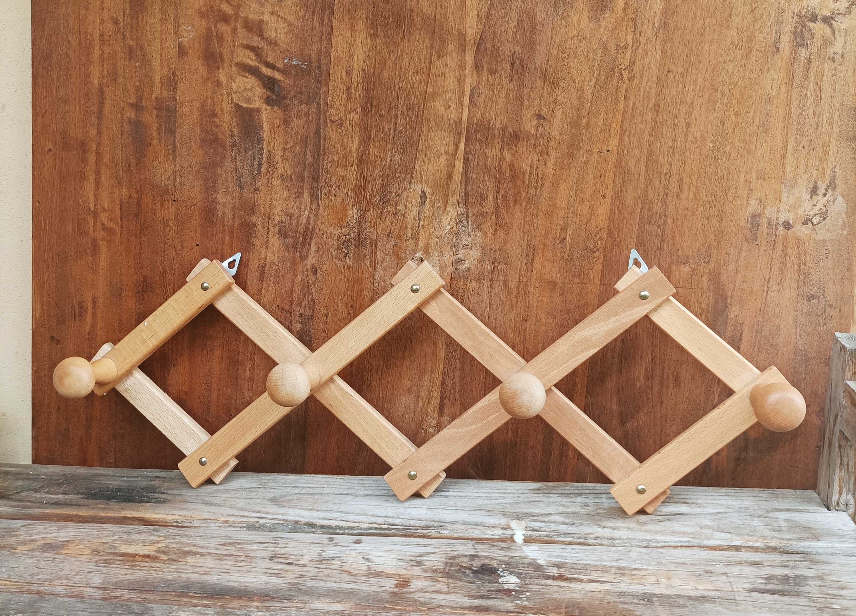 Vintage Wooden Accordion Coat Rack With 4 Pegs - Expandable Wall ...