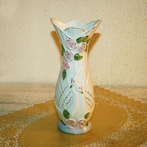 Flowers Vase with roses and white swans - China Ceramic - Gold rimmed - Hand Crafted - Painted- vintage 70s - Gift for her - Christmas gift